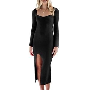 Bodycon Midi Dress Ribbed Size Medium Black ANRABESS Bell Sleeve Sweetheart Neck